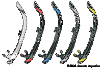 Atomic SV1 Snorkel | Atomic Aquatics SV Series Snorkels | Just like the one-way Scupper Valve on a boat, the lower section of both the SV1 and SV2 enable water to be easily expelled. The diver simply exhales a small burst of air to clear any water trapped below the mouthpiece, and the internal tube airway is kept dry. It�s so simple and so effective Atomic has a patent pending!