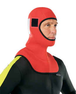 Henderson Rescue Swimmer Hood | The generous bib area of the Rescue Swimmer Hood helps eliminate any gaps at the neck and shoulders where water exchange is so common, yet the Hyperstretch neoprene allows for optimal flexibility and very little squeeze. A dual density design, the combination of 5mm and 7mm thicknesses makes this hood a great choice for colder waters. Reflective Solas panels and International Orange color insure maximum visibility. This wetsuit has been chosen for use as replacement and original issue by the USCG ( U.S. Coast Guard ) Helicopter Rescue Swimmer Program. | CGH65N | Made in the USA