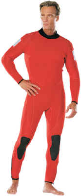 Henderson Rescue Swimmer Jumpsuit - - Available in three weights, this suit provides the base for exposure protection in a wide range of environments. The International Orange Hyperstretch is instantly recognizable and boosts service visibility. It also delivers all the performance of a high-flex suit that's easier to move in and helps minimize fatigue. There are Reflective Solas panels on the arms and super-tough gel pads at the knees. The adjustable collar allows for a good seal at the neck and the heavy-duty back zip is built to last. This wetsuit has been chosen for use as replacement and original issue by the USCG ( U.S. Coast Guard ) Helicopter Rescue Swimmer Program. -- Made in the USA