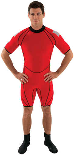 Henderson Rescue Swimmer Shorty | Get in, get out and get done with this high-performance rescue shorty. The use of Hyperstretch means this suit goes on easily and wears easily. It flexes with the body and thus helps minimize fatigue. Quality construction techniques, like flatlock stitching and a heavy duty back zip insure long suit life, and Henderson has added reflective Solas panels to the International Orange color for maximum visibility. This wetsuit has been chosen for use as replacement and original issue by the USCG ( U.S. Coast Guard ) Helicopter Rescue Swimmer Program. | CG630MB | Made in the USA