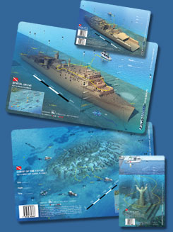 Waterproof 3D Underwater Dive Site Map Cards -- These unique cards provide detailed depiction of numerous wrecks and other popular dive sites. Each Waterproof card is double sided, made of durable PVC plastic and is designed to be taken on the dive. They are also 3 hole punched to fit in standard log books. Destination maps include: Spiegel Grove, Christ of the Abyss, USCGC Duane, USCGC Bibb, Grecian Rocks Key Largo, Wreck of the Eagle, Oriskany, Stingray City Grand Cayman, Randy's Gazebo Little Cayman, Lea Lea's Lookout Little Cayman, Marilyns Cut / Meadows Little Cayman, and the Russian Destroyer at Cayman Brac now known as the m.v. Captain Keith Tibbetts.