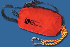 Innovative Scuba Throw Rope Bag | Both models include 75' of 3/8" braided nylon line and come in 200 denier oxford nylon bag. Deluxe model includes S.S. Carabineer. | Rescue Throw Rope Bags