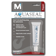 McNett Aquaseal Urethane Repair Adhesive & Sealant | Maximum strength repairs to wet suits, dry suits and all watersports products. Flexible urethane formula waterproofs, seals and protects against abrasion.