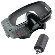 Oceanic DataMask HUD | The Oceanic DataMask HUD contains a miniature liquid crystal display (LCD) panel, proprietary Digital Optic System, microprocessor, depth transducer, wireless cylinder pressure receiver, diver replaceable battery, and Oceanic controlling software. | Oceanic DATAMASK Heads Up Display Computer Mask | Public Safety and Technical Diving Equipment