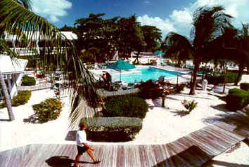 Little Cayman Beach Resort -- View from the rooms overlooking the pool. The dive shop is just down the walkway to the right.