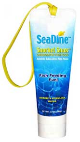 Seadine Snorkel Snax | Shrimp and Spirulina formula | Innovative tube design allows user to stop feeding at any time then restart again and again if desired. When tube cap is closed, food product is no longer released into the water.