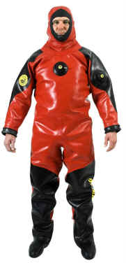Viking HD 1500 Commercial Diving Drysuit | The Viking Heavy-Duty HD 1500 and Heavy-Duty HD 1500 Wide vulcanized rubber dry suits have strong reinforcements on the shoulders, crotch and legs to withstand the wear and tear of the equipment used. Commercial divers use a wide range of straps and harnesses. The dimensions of the wide models are designed to meet the demands of commercial divers, and the long heavy-duty zipper makes the suit easy to don. Many hood options (latex, neoprene, and rubber) and yokes (for Aquadyne, Comex, Desco, Draeger, Miller, and Superlite helmets) are available for Viking HD 1500 drysuits. Please contact us for a Viking Heavy-Duty HD 1500 dry suit equipped to your specifications. | Trelleborg Viking HD commercial diving drysuits. | Popular for many Public Safety Diving, SAR, Commercial Diving, and Military applications.