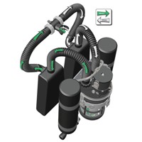 The PRISM 2 is an electronically or manually controlled, constant PO2, modular, closed circuit diving system. A rebreather recycles rather than vents the exhaled breath. The exhaled breath passes into a closed loop, where it is pushed through a chemical absorbent (scrubber) to remove the carbon dioxide, and returns through the other side of the loop for the diver to re-breathe, hence the name "closed circuit rebreather" or CCR.