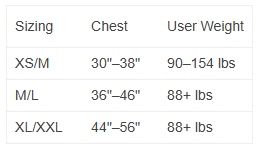 NRS Vector Rescue PFD size chart