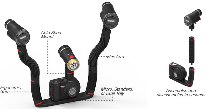 SeaLife Flex Connect | Quickly and easily expand your camera set with Flex-Connect accessories - add grips, Flex Arms, trays and more with just a "click!" Flex-Connect allows you to transform your camera set from compact to full-featured in just seconds, providing a quick way to adjust to any diving environment.